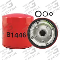 BALDWIN FILTERS Oil Filter: B1446, M20-1.50 Thread Size, 3 7/8 in Overall Ht, 3 3/4 in Outside Dia. Key specifications — Baldwin Interchange: B1446; Brand: BALDWIN FILTERS; Compatible Vehicle Make: Hitachi; Includes: 20 psid Bypass Valve; Media Material: Cellulose.