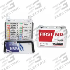 FIRST AID ONLY First Aid Kit and Housing: Industrial, 20 People Served, 110 Components, Metal (MPN 54581). Key specifications — Adhesive Bandages Included: (32) Bandages; Application: Industrial; Brand: FIRST AID ONLY; Housing Color: White; Housing Material: Metal; Includes Oral or Inhalant Medication: Medication Included; Mountable: Wall Mount; Oral and Inhalant Medicinals Included: (10) Ammonia Inhalants.