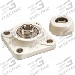 NTN 4 Bolt Flange Bearing: Radial Ball, 1 7/16 in Bore, Polymer, Set Screws, 4 41/64 in Lg, Square (MPN SUCFPL207-23C0FG1). Key specifications — Bore Type: Cylindrical; Brand: NTN; Lubricant Material: FDA/USDA-H1 Solid Grease; Mounting Bolt Size: 1/2 in; System of Measurement: Inch; Included Bearing Cap: Open Cap.