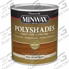 MINWAX Wood Stain: Wood Stain and Sealer, Interior, Oil, 1 qt Container Size, Wood, Satin, Minwax (MPN 61340444). Key specifications — Brand: MINWAX; Transparency: Semi-Transparent; Use Location: Interior; Sheen: Satin; Sub-Brand: Minwax; Color: Antique Walnut.