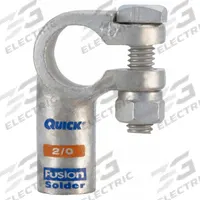 FUSION Battery Terminal: Right Elbow, Solder, 2/0 ga, Orange Color, Positive, Copper/Tin (MPN 416320-525-001P). Key specifications — Contact Material: Copper; Alignment: Right Elbow; Color Code: Orange; Connection Type: Solder; Gauge: 2/0 ga; Polarity: Positive; Brand: FUSION.