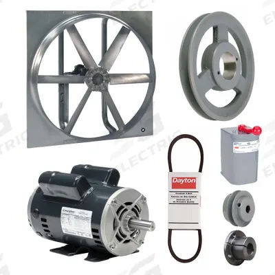 Dayton Exhaust/Supply Fan: Belt Drive, 30 in Blade, 2 hp, Open Dripproof, 115/208-230V AC - Belt-Drive Reversible Panel Fans with Drive Package
