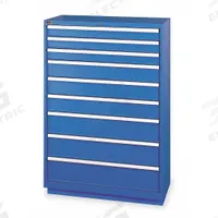 LISTA Modular Drawer Cabinet: 40 1/4 in x 22 1/2 in x 59 1/2 in, 9 Drawers, 105 Compartments, Steel (MPN HS13-0902A-FTKABB). Key specifications — Drawer Inside Height: (3) 7 in; Drawer Access: Single; Base Type: Frame; Number of Compartments per Drawer: (2) 6; Brand: LISTA; Cabinet Color: Bright Blue.