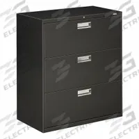HON Lateral File Cabinet with Drawer: Charcoal, 3 Drawers, 39 1/8 in Overall Ht, 18 in Overall Dp (MPN H683.L.S). Key specifications — attr988670: Unfinished; attr988694: Steel; attr988716: Lateral File Cabinet with Drawer; attr988691: Integrated; attr988652: HON; attr988656: Charcoal; attr988720: Handle.