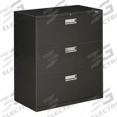 HON Lateral File Cabinet with Drawer: Charcoal, 3 Drawers, 39 1/8 in Overall Ht, 18 in Overall Dp (MPN H683.L.S). Key specifications — attr988670: Unfinished; attr988694: Steel; attr988716: Lateral File Cabinet with Drawer; attr988691: Integrated; attr988652: HON; attr988656: Charcoal; attr988720: Handle.