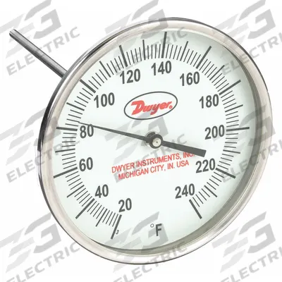 Dwyer Glow-in-the-Dark Dial Thermometer: 20°F to 240°F, +/- 1% Accuracy, 5 in Dial Dia - Fixed-Angle Glow-in-the-Dark Thread-Mount Dial Thermometers