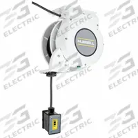 HUBBELL WIRING DEVICE-KELLEMS Extension Cord Reel: Ratchet Lock, 25 ft Cord Lg, 12 AWG, SJO, 5-20P (MPN HBLM25123GF20M1). Key specifications — Retractable Cord Ending NEMA Configuration: 5-20R; Feeder Cord Ending NEMA Configuration: 5-20P; Brand: HUBBELL WIRING DEVICE-KELLEMS.