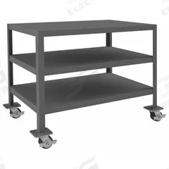 DURHAM MFG Work Table: Fixed Ht, Steel, 36 in x 24 in, 2,000 lb Overall Load Capacity (MPN MTM243630-2K395). Key specifications — Unit Type: Not Expandable or Modular; Assembly: Fully Assembled; Wheel Material: Phenolic; Frame Material Finish: Powder Coated; Mobility: Casters; Height Adjustability: Fixed Height; Included Components: Vice Support Shelf; Caster Type: (4) Swivel Locking.
