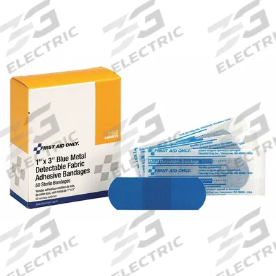 FIRST AID ONLY Adhesive Bandage: Strip Bandages, 1 in Wd, 3 in Lg, Metal Detectable, Fabric - Metal Detectable Strip Bandages