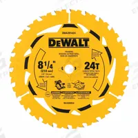DEWALT Circular Saw Blade: 8 1/4 in Blade Dia., 24 Teeth, 0.09 in Cut Wd, 5/8 in Arbor Size, Carbide (MPN DWA281424). Key specifications — attr1116119: DEWALT; attr1145631: Wood.