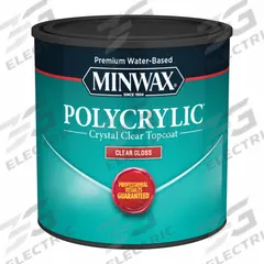 MINWAX Finish: Varnish, Interior, Water, 0.5 pt Container Size, Wood, Gloss, Clear, Clear (MPN 255554444). Key specifications — Brand: MINWAX; Transparency: Clear; Use Location: Interior; Sheen: Gloss; Sub-Brand: Polycrylic; Color: Clear.
