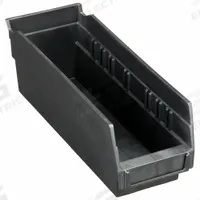 QUANTUM STORAGE SYSTEMS Shelf Bin: 11 5/8 in Overall Lg, 4 1/8 in x 4 in, Black, Nesting Capable (MPN QSB101CO). Key specifications — attr1179622: QUANTUM STORAGE SYSTEMS; attr1179611: 0%; attr1179616: QSB101CO; attr1179624: Dividers Not Included; attr1249172: Electrostatic Discharge Conductive.