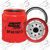 BALDWIN FILTERS Fuel/Water Separator: Spin-On, 4 1/4 in Outside Dia, 1"-14 Thread Size, Paper (MPN BF46182-O). Key specifications — attr1137520: BF46182-O; attr434022: BALDWIN FILTERS; attr427730: Paper; attr427731: Furnished Gasket; attr1017112: Trucks; attr1017113: Mack.