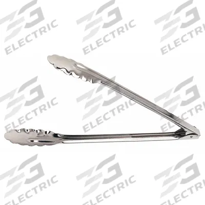 CRESTWARE Uncoated Scalloped Tongs: Stainless Steel Blade, 16 in Overall Lg, 0.8 mm Gauge