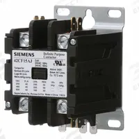 SIEMENS Definite Purpose Contactor: 2 Poles, 277V AC, 40 A, Non-Reversing, Std Contactor Frame Size (MPN 42CF15AL). Key specifications — Brand: SIEMENS; Coil Voltage: 240/277V AC; Mounting Style: Surface; Terminal Connection Type: Quick Disconnect and Screw/Box Lug; Maximum Voltage Rating: 600V AC; Series: 42 Series; Phase: Single; Main Pole Contact Form: 2NO.