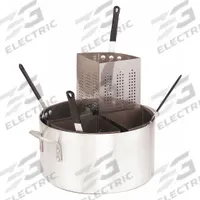 CRESTWARE Pasta Cooker: 20 qt Capacity, Aluminum, 4 mm Gauge, Riveted Handle, 14 in Dia (MPN PASTA20D). Key specifications — NSF Certified: No; Handle Type: Riveted; Body Material: Aluminum; Brand: CRESTWARE; Lid Included: No.