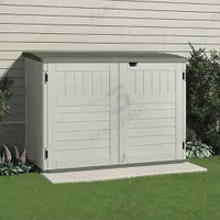 Outdoor Storage Shed: 70 cu ft, Beige/Gray, 65 1/2 in L x 38 1/2 in D x 49 1/2 in H, Horizontal (MPN BMS4720). Key specifications — Brand: SUNCAST; Product Type: Horizontal Shed; Orientation: Horizontal; Material: Steel-Reinforced Resin; Assembled: Unassembled; Lockable: Yes; Pattern: None; Color: Beige/Gray.