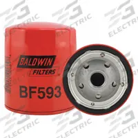 BALDWIN FILTERS Fuel Filter: Spin-On, 3 3/4 in Outside Dia, 13/16"-12 Thread Size, Diesel Fuel (MPN BF593). Key specifications — attr1137520: BF593; attr434022: BALDWIN FILTERS; attr427730: Cellulose; attr427731: Integral Gasket; attr1017112: Buses; attr1017113: Detroit.