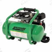 SPEEDAIRE Portable Air Compressor: Quiet, Oil Free, 3 gal, Hot Dog, 1.5 hp, 5 cfm @ 90 psi, 120V AC (MPN AM1-HE15-03QG). Key specifications — attr48686: Oil Free; attr48685: 120V AC; attr48689: 2.69 cfm @ 150 psi; attr48678: 11.0 A; attr48688: (2) Gauges; attr48671: SPEEDAIRE; attr124308: Quiet (less than 75 dBA).