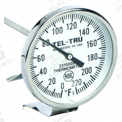 TEL-TRU Laboratory Dial Thermometer: 0°F to 220°F, +/- 1% Accuracy, 8 in Stem Lg - NSF-Rated Vat & Pan Clip-On Dial Thermometers