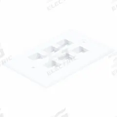 MONOPRICE Wall Plate: White, 1 Gang, 6 Port, Flat Module, Plastic, Horizontal (MPN 6733). Key specifications — Brand: MONOPRICE; Material: Plastic; Color: White; Compatible Connector Type: RJ45; Outlet Orientation: Horizontal; Module Style: Flat.
