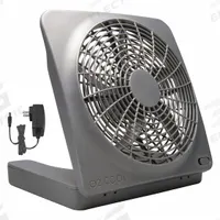 TREVA/O2COOL Cooling Fan: 10 in Blade Dia, Non-Oscillating, 107 cfm_182 cfm Airflow, Flat, 2 Speeds (MPN FD10101A). Key specifications — Voltage: 9V DC; Oscillation: Non-Oscillating; Number of Speeds: 2; Power Source: Battery; Fan Housing Material: ABS; Brand: TREVA/O2COOL.