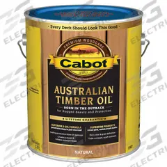 CABOT Wood Stain: Wood Stain, Exterior, Oil, 1 gal Container Size, Wood, Flat, Natural, Transparent (MPN 140.0019400.007). Key specifications — Brand: CABOT; Transparency: Transparent; Use Location: Exterior; Sheen: Flat; Sub-Brand: Australian Timber Oil Wood; Color: Natural.
