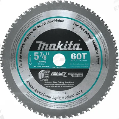 MAKITA Circular Saw Blade: 5 7/8 in Blade Dia., 60 Teeth, 0.04 in Cut Wd, 5/8 in Arbor Size - Stainless Steel-Cutting Blades