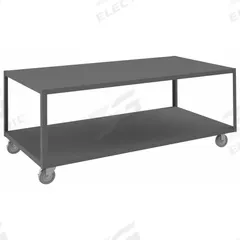 DURHAM MFG Work Table: Fixed Ht, Steel, 72 in x 36 in, 1,200 lb Overall Load Capacity (MPN HMT-3672-2-95). Key specifications — Unit Type: Not Expandable or Modular; Assembly: Fully Assembled; Wheel Material: Phenolic; Frame Material Finish: Powder Coated; Mobility: Casters; Height Adjustability: Fixed Height; Frame Construction: Welded Only; Brand: DURHAM MFG.