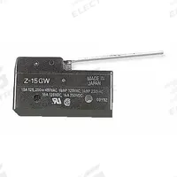 OMRON Snap Action Switch: Hinge Lever Actuator, 1NO/1NC, Solder (MPN Z-15GW). Key specifications — AC Contact Rating: 15 A @ 250 V; Electrical Connection: Solder; Series: Z; Brand: OMRON.