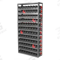 AKRO-MILS Bin Shelving: 36 in x 12 in x 79 in, 1 Sided, 96 Bins, Open, Indicator Bin, Black/Red (MPN AS127936442BK). Key specifications — Includes Bins: Yes; Bin Material: Polymer; Frame Color: Gray; Bin HxWxD: (96) 4 in x 4-1/4 in x 11-5/8 in; 4 in x 6-3/4 in x 11-5/8 in; Frame Material: Steel; Bin Color: Black; Red.