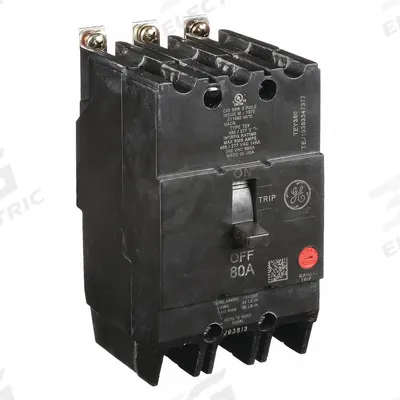 GE Molded Case Circuit Breaker: 80 A Amps, 14kA at 277/480V AC, Fixed, Lug - TEY-Frame GE Molded Case Circuit Breakers