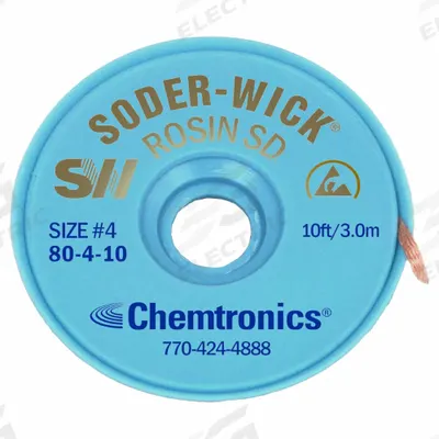 CHEMTRONICS Desoldering Wick: Rosin Flux, # 4, 0.11 in, 10 ft, Blue, ESD-Safe - Rosin Flux Desoldering Braids