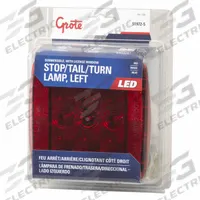 GROTE Stop/Turn/Tail Light: LED, Stop Light, Red, Square, 4 3/4 in Overall Ht, 4 13/16 in Overall Wd (MPN 51972-5). Key specifications — Standards: FMVSS 108; Electrical Connection: Blunt Cut Wires; Brand: GROTE; Installation Type: Removable; Lens Color: Red; Mount Type: Stud; Lighting Technology: LED; Light Type: Stop Light.