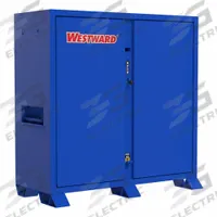 WESTWARD Jobsite Cabinet: 60 1/16 in W x 24 1/8 in D x 60 3/4 in H, 47.5 cu ft, Recessed Padlock (MPN 857DZ6). Key specifications — attr1116233: Blue; attr1116253: WESTWARD; attr1222022: Recessed Padlock - Lock not included.