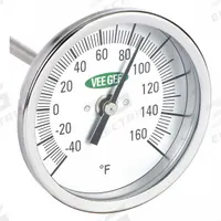 VEE GEE Soil Dial Thermometer: -40°F to 160°F, +/- 2°F, 6 in Stem Lg, Fahrenheit (MPN 82160-6). Key specifications — Accuracy: +/- 2°F; Thread Type: NPT; Housing Material: Aluminum; Brand: VEE GEE; Temperature Units: Fahrenheit.