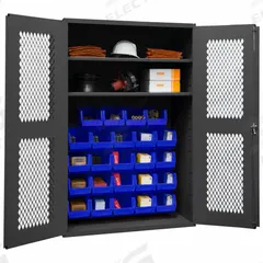 DURHAM MFG Bin Cabinet: 48 in x 18 in 72 in, 2 Shelves, 24 Bins, Blue, Ventilated, 14 ga Panel, Gray (MPN EMDC-481872-24B-2S-5295). Key specifications — Bin Color: Blue; Bin HxWxD: (24) 8 in x 15 in x 7 in; Assembled: Assembled; Cabinet Style: Shelf and Bin; Brand: DURHAM MFG; Cabinet Color: Gray; Cabinet Finish: Powder Coated; Cabinet Material: Steel.