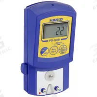 HAKKO Soldering Iron Tester: 32°F to 1,300°F (MPN FG100B-03). Key specifications — Display Units of Measure: Fahrenheit; Tip Voltage to Ground Range: 0-40°C (32-104°F); Thermocouple Type: Type K (CA); Operating Voltage: 9V; Manufacturer Part Number: FG100B-03; Power Source: Battery; Tip Voltage to Ground Accuracy: ±6°F; Product Type: Tip Thermometer.