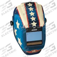 JACKSON SAFETY Welding Helmet: Auto-Darkening, 4 Arc Sensors, Blue/Red/White, Stars & Scars, Digital (MPN 46101). Key specifications — Color: Blue/Red/White; Suspension Adjustment Type: Ratchet; Series: HLX 100; Graphics: Stars And Scars; Viewing Area: 3.94 in x 2.36 in; Brand: JACKSON SAFETY; Grind Mode: Yes; Helmet Material: Thermoplastic.