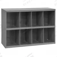 DURHAM MFG Pigeonhole Bin Unit: 34 in x 8 1/2 in x 18 in, 8 Compartments, 8 in x 8 1/2 in x 9 in (MPN 393-95). Key specifications — attr7229: Steel; attr38869: DURHAM MFG; attr38873: Gray.