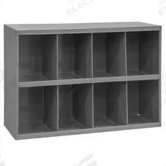 DURHAM MFG Pigeonhole Bin Unit: 34 in x 8 1/2 in x 18 in, 8 Compartments, 8 in x 8 1/2 in x 9 in (MPN 393-95). Key specifications — attr7229: Steel; attr38869: DURHAM MFG; attr38873: Gray.