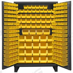 DURHAM MFG Bin Cabinet: 48 in x 24 in 78 in, 0 Shelves, 192 Bins, Yellow, Flush, 12 ga Panel, Gray (MPN HDC48-192-95). Key specifications — Bin Color: Yellow; Bin HxWxD: (24) 6 in x 11 in x 5 in; Assembled: Assembled; Cabinet Style: Shelf and Bin; Brand: DURHAM MFG; Cabinet Color: Gray; Cabinet Finish: Powder Coated; Cabinet Material: Steel.