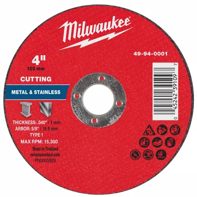 MILWAUKEE Cut-Off Wheel: Type 1, 4" x 0.04" x 5/8", Aluminum Oxide - General Purpose Cut-Off Wheels for Carbon & Stainless Steel