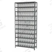 AKRO-MILS Bin Shelving: 36 in x 12 in x 79 in, 1 Sided, 80 Bins, Open, Shelf Bin, Clear, 11 Shelves (MPN AS1279040SC). Key specifications — Includes Bins: Yes; Bin Material: Polymer; Frame Color: Gray; Bin HxWxD: (80) 6 in x 4-1/8 in x 11-5/8 in; Frame Material: Steel; Bin Color: Clear; Bin Style: Shelf; Brand: AKRO-MILS.