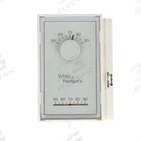 EMERSON Low Voltage Thermostat: Heat Only, RH/W, Auto-On, On-Off, On-Off/Auto-On, Vertical (MPN 1E50N-301). Key specifications — Application: Heat Only; Key Features: Vibration Resistant; Temperature Differential: 1°F Heating, 1.5°F Cooling; Voltage: 20 to 30V AC; Terminal Designations: W; System Settings: On-Off; Temperature Control Range: 50° to 90°F; Shape: Rectangle.