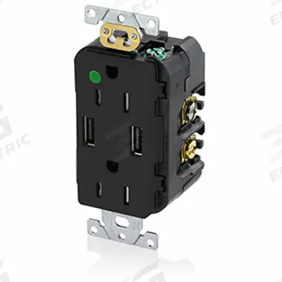 LEVITON Receptacle: Duplex, 5-15R, 2 USB Ports, USB Type A, Black, 125V AC - Hospital-Grade Receptacles with USB Chargers