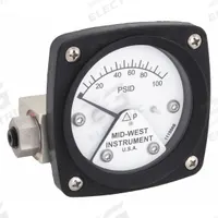 MIDWEST INSTRUMENT Differential Pressure Gauge: Back, 1/4 in NPT Female, ±3-2-3% Gauge Accuracy, 120 (MPN 120-AA-00-OO-100P). Key specifications — Sensor Type: Piston; Series: 120; Housing Material: Aluminum; Certificate of Calibration: Not Included; Gauge Accuracy: ±3-2-3%.