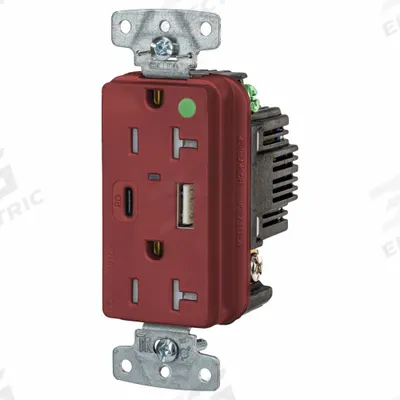 HUBBELL Receptacle: Duplex, 5-20R, 2 USB Ports, USB Type A/C, Red, 125V AC - Hospital-Grade Receptacles with USB Chargers