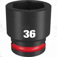 MILWAUKEE Standard Impact Socket: 3/4 in Drive Size, Metric, 36 mm Socket Size, 6-Point, Std (MPN 49-66-6374). Key specifications — attr1215501: MILWAUKEE; attr1215515: Black Phosphate; attr1215518: 36 mm.