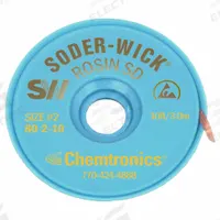 CHEMTRONICS Desoldering Wick: Rosin Flux, # 2, 0.06 in, 10 ft, Yellow, ESD-Safe, ROL0 (MPN 80-2-10). Key specifications — Color: Yellow; Brand: CHEMTRONICS; Manufacturer Part Number: 80-2-10.